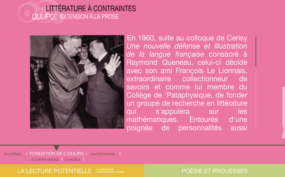 Image écran du module Oulipo, extension à la prose