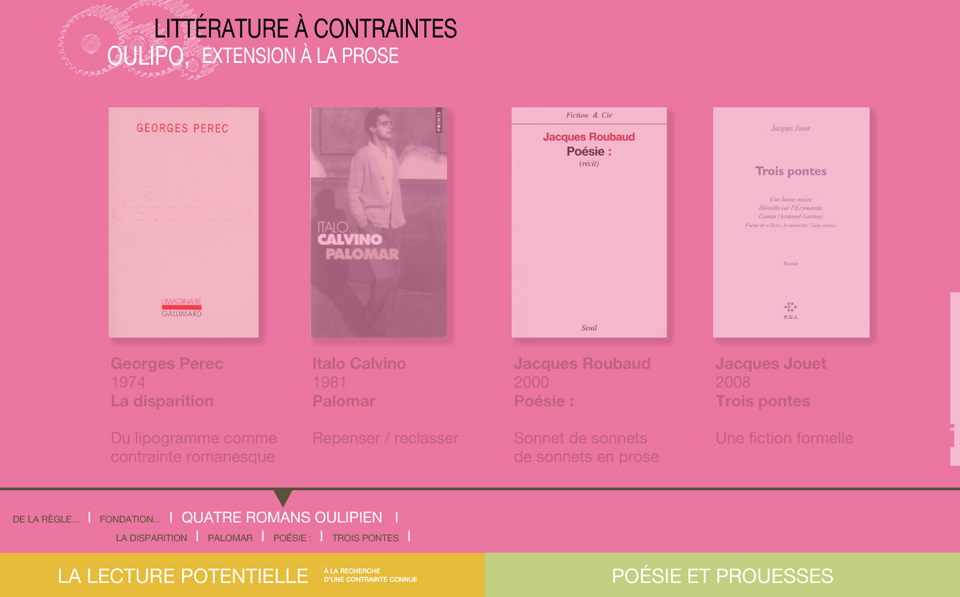 Image écran du module Oulipo, extension à la prose