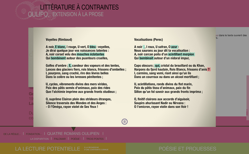 Image écran du module Oulipo, extension à la prose