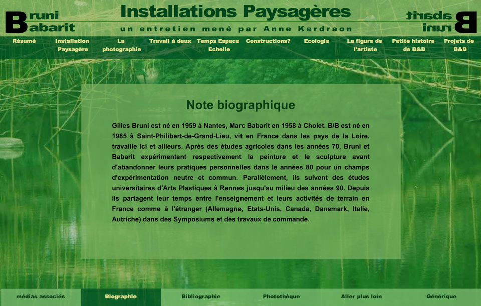image écran du site Installations paysagères sur le travail des artistes Bruni et Babarit
